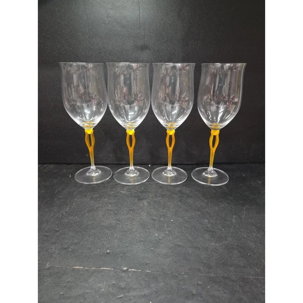 Mikasa Crystal Tuscan Wine Glasses, Yellow‎ Stem, Set of 4, Art Deco Drinkware